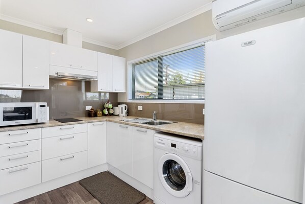 Fridge, microwave, toaster, high chair