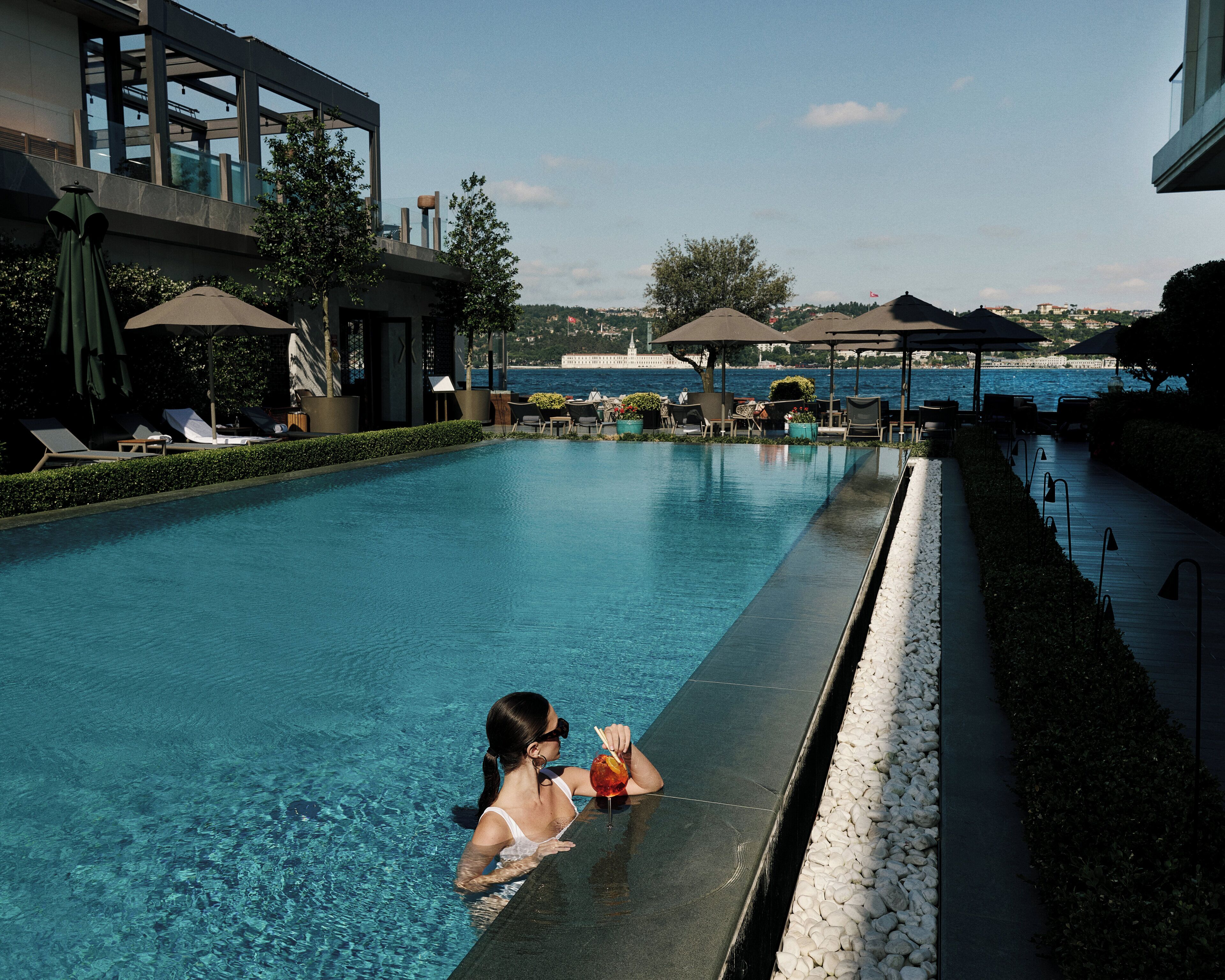 indoor pool, outdoor pool, pool loungers