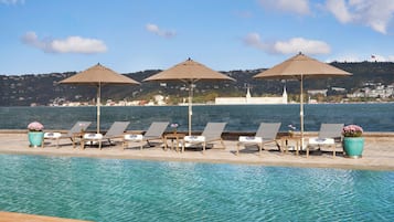 Indoor pool, outdoor pool, sun loungers