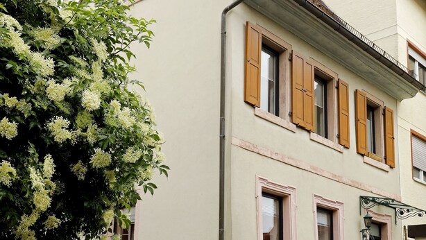 A building with a traditional facade, a wooden door, and a staircase leading to the entrance. - Gemütliches Stadthaus im Herzen der Altstadt (Bad Dürkheim)