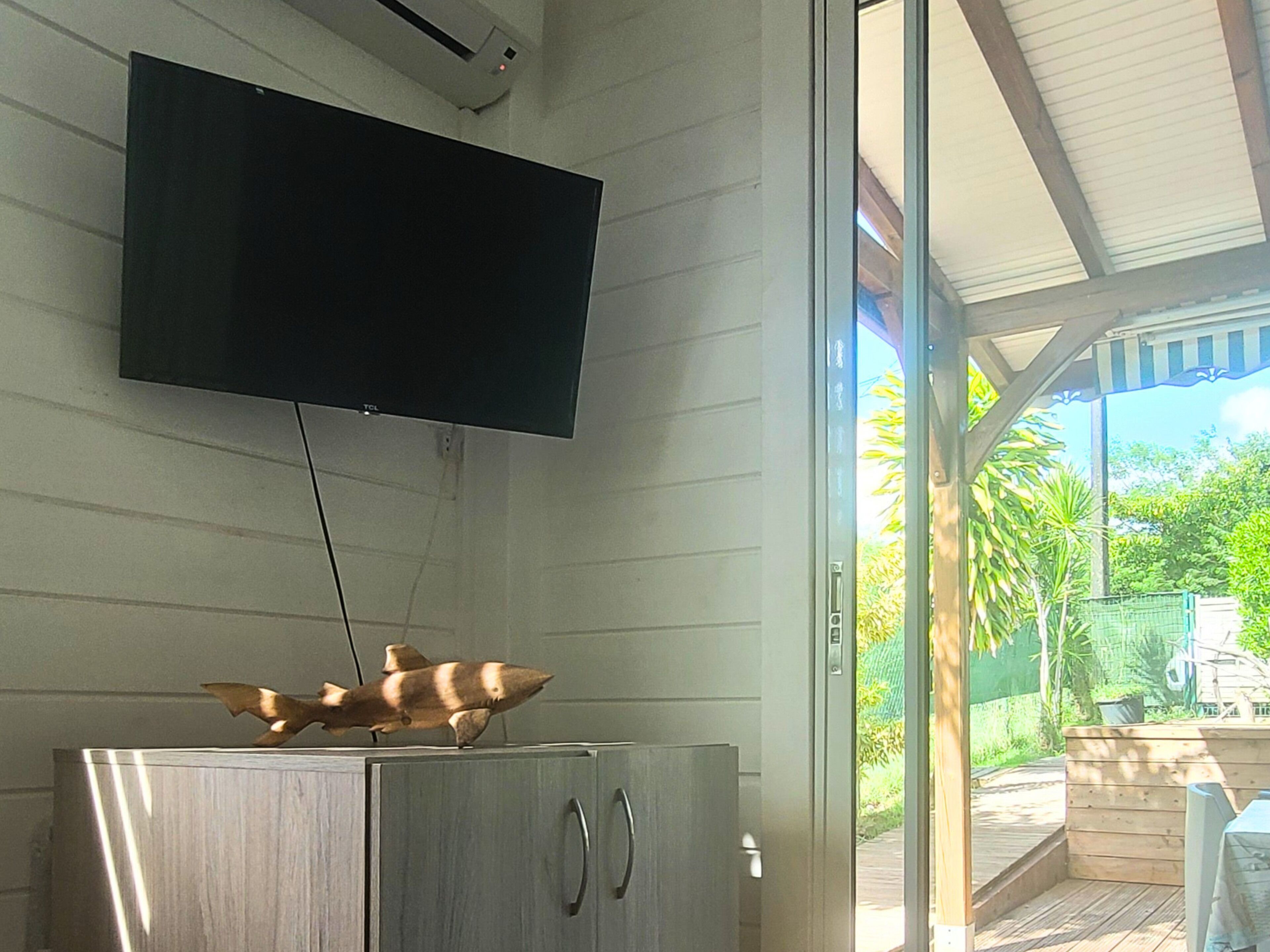 Une pièce avec un téléviseur fixé au mur, un meuble en bois avec des tiroirs et une vue sur un jardin, visible à travers une porte vitrée.