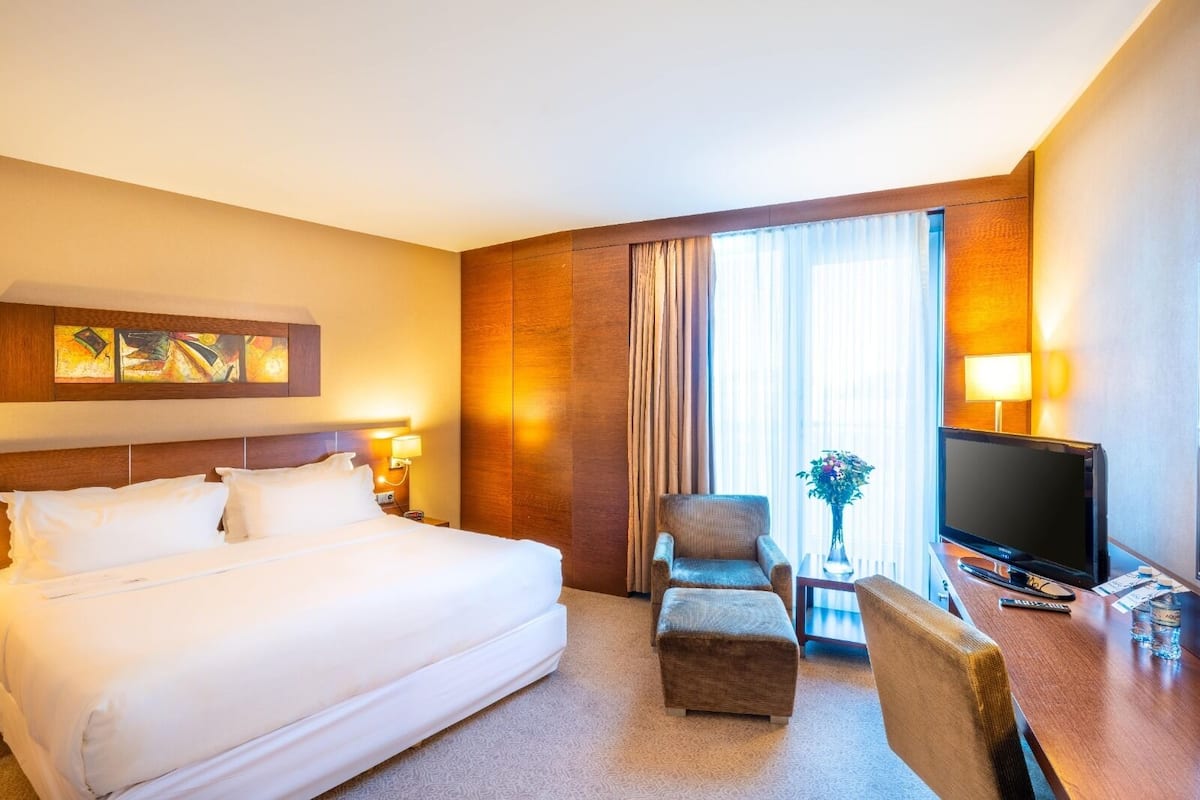 A hotel room with a large bed, a television, a chair, and a small table with a vase of flowers.