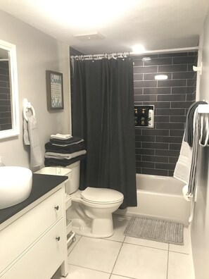 Combined shower/tub, hair dryer, towels, soap