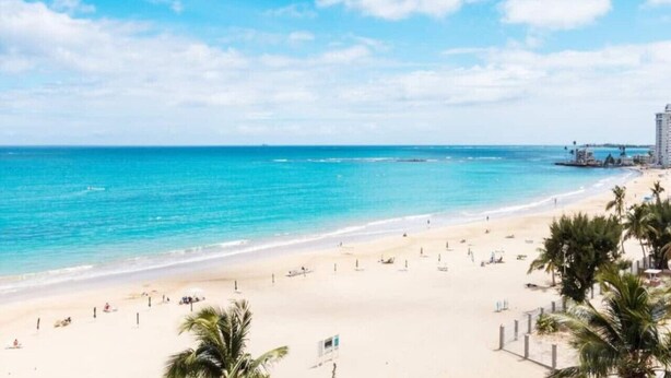 A beach with clear turquoise water, palm trees, and a distant pier. - Luna Llena Beach 1BDR Oceanview Pool (Isla Verde)