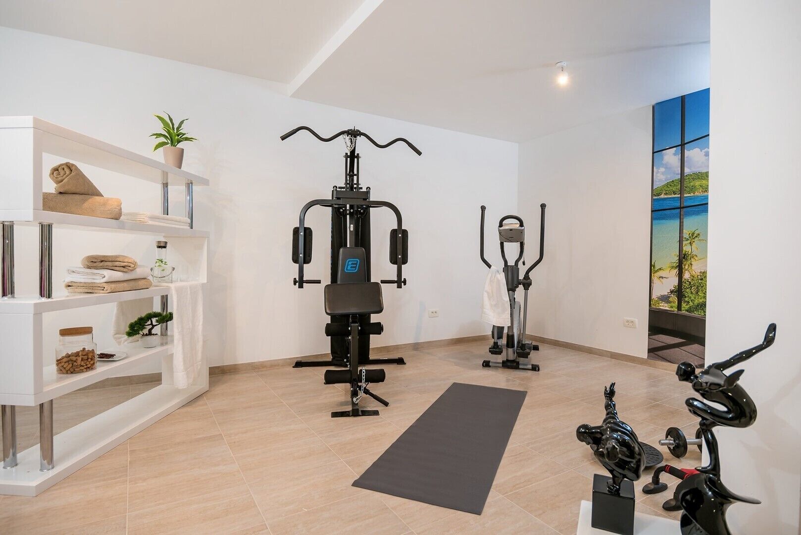 Een moderne sportschool thuis met trainingsapparatuur, een yogamat en een plank met handdoeken en een plant.