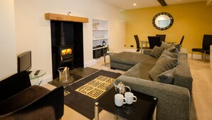 A modern living room with a fireplace, a sofa, a coffee table, and a TV. - Anns Cottage, Chapel Stile (Ambleside)