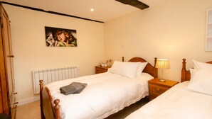 Une chambre avec deux lits simples, une tête de lit en bois, une table de chevet avec une lampe, un radiateur et un tableau au mur.