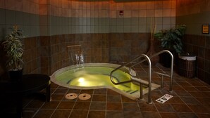 Un espace spa comprenant un jacuzzi, des murs carrelés et une plante en pot.