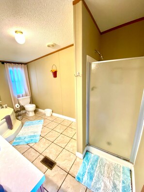 Tina con regadera, tina de hidromasaje, toallas 