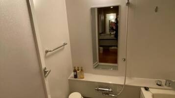 Bathroom features a toilet, sink, and shower area with a simple design.