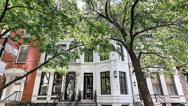 A multi-story building with a prominent front entrance, a staircase, and a tree in front. - Studio flat in the heart of Chicago's Gold Coast (Chicago)
