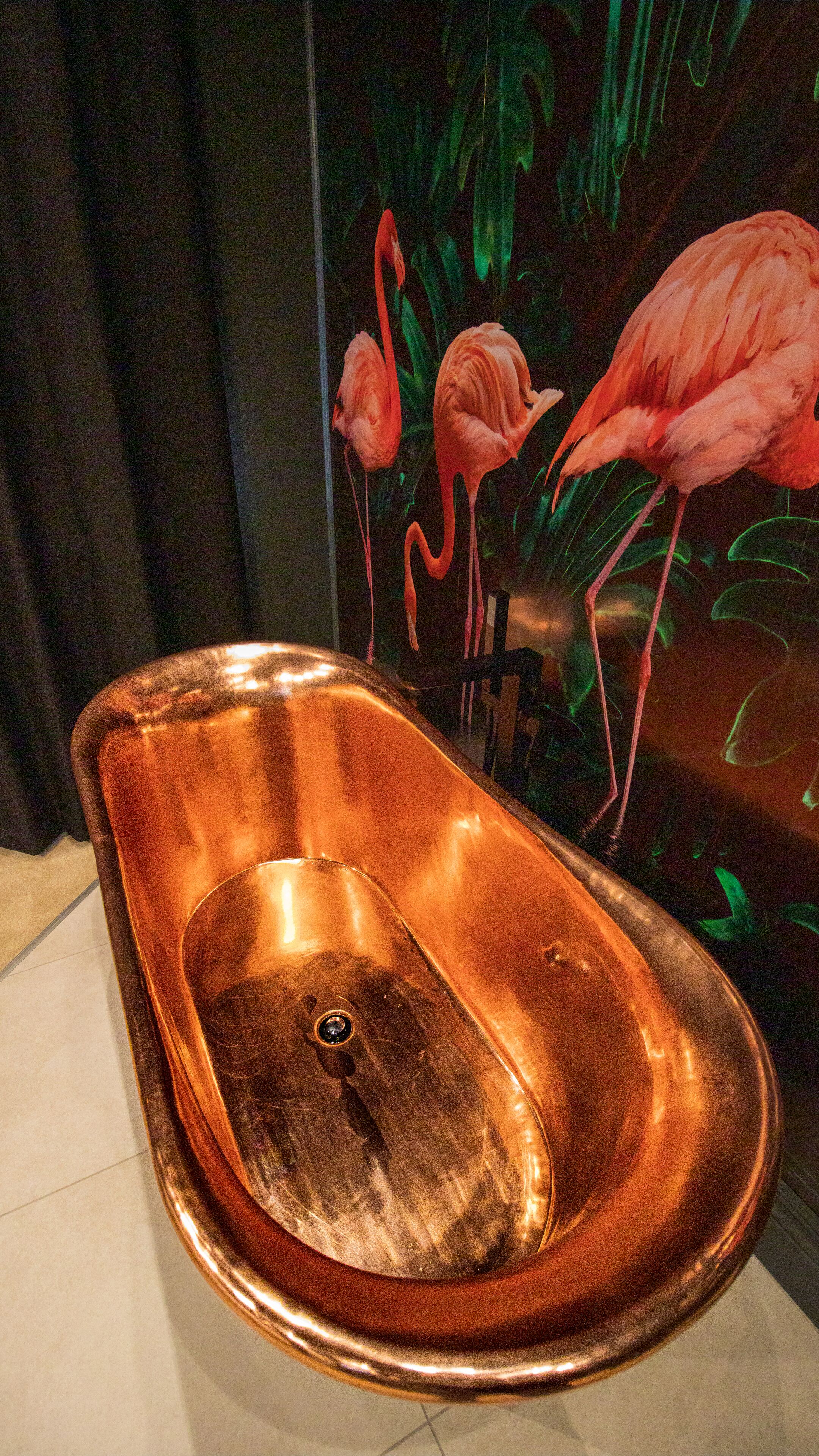 flamingo | bathroom | designer toiletries, hair dryer, towels, soap