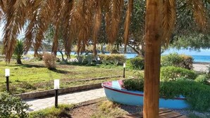 A wooden deck with a boat, surrounded by greenery and a view of the sea. - Amazing 2-bedroom Apartment Close to all Amenities (Ermionida)