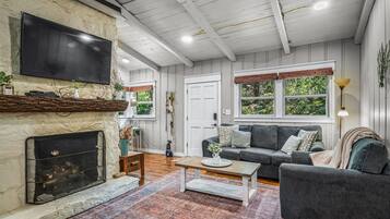 Smart TV, fireplace, books