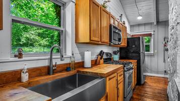 Full-size fridge, microwave, stovetop, dishwasher