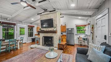 Smart TV, fireplace, books