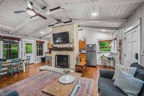 Smart TV, fireplace, books