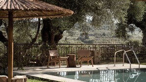 Un espace aménagé au bord de la piscine, avec des chaises en bois, une table et une rambarde en métal.