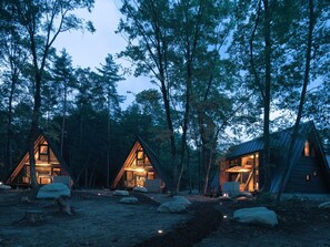 Una cabana amb un teulat triangular, envoltada per un bosc.