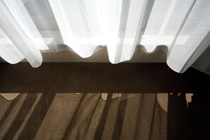 A room with a patterned curtain, a carpeted floor, and a wall.