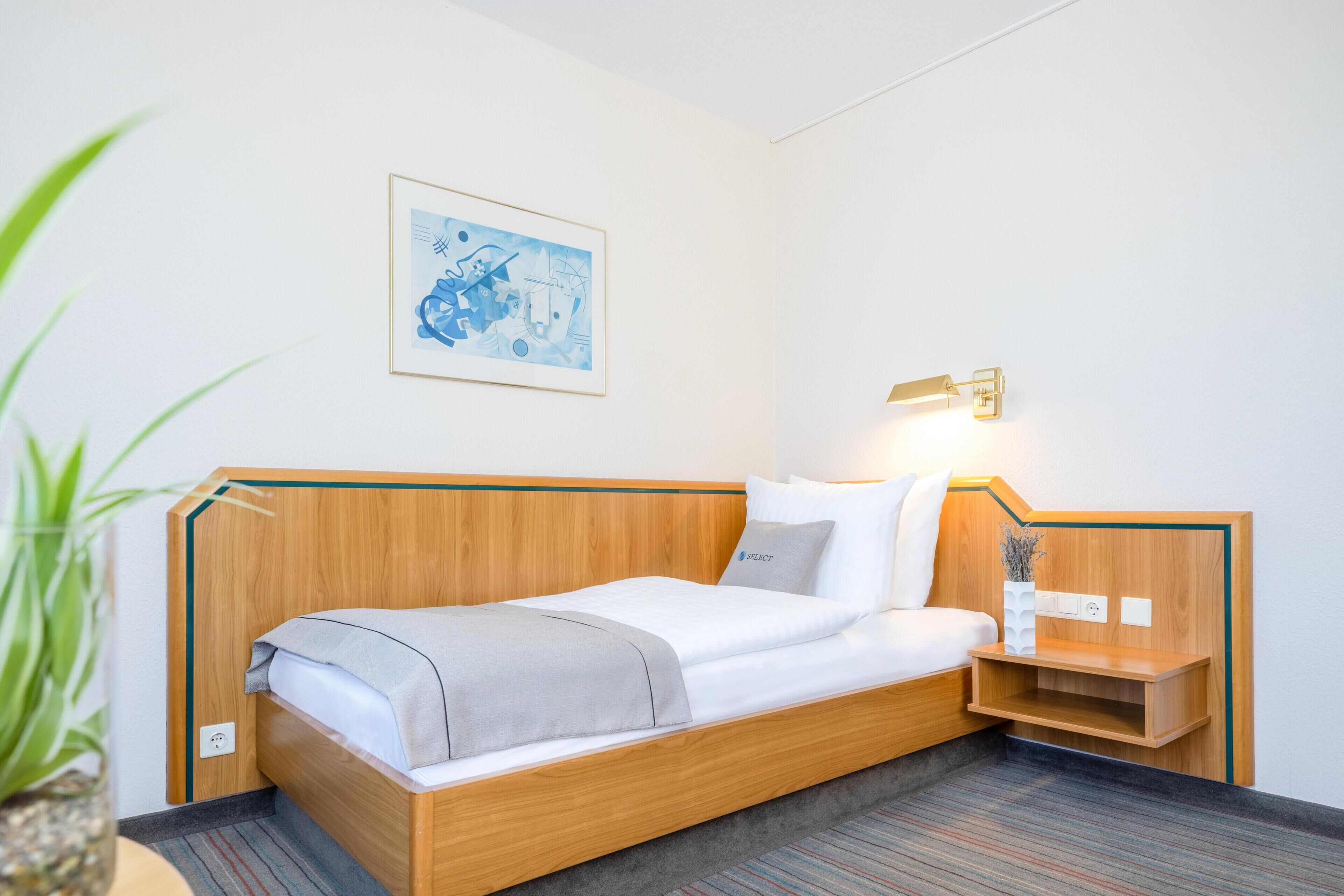 A single bed with a wooden headboard, a bedside table with a lamp, and a framed artwork on the wall.