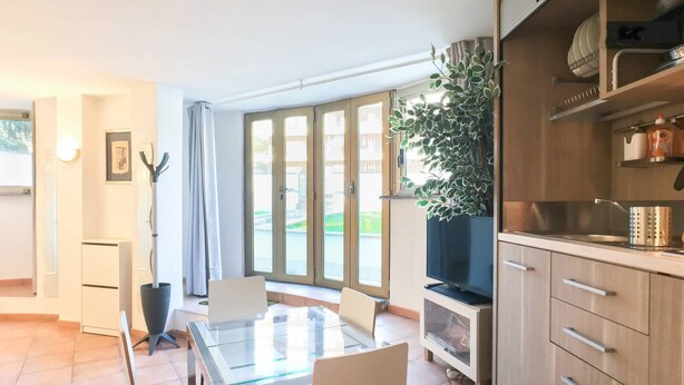A modern kitchen with a glass dining table, a TV, and a potted plant.