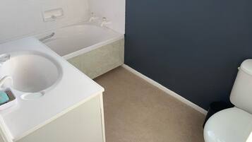 Bathtub, hair dryer, towels, soap