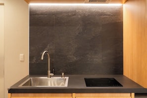 Fridge, microwave, cookware/dishes/utensils