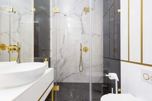 Shower, hair dryer, towels, shampoo