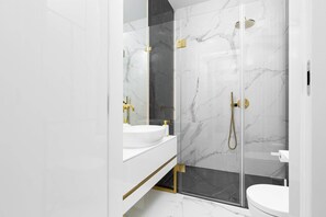 Shower, hair dryer, towels, shampoo