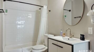 Eco-friendly toiletries, hair dryer, towels, soap
