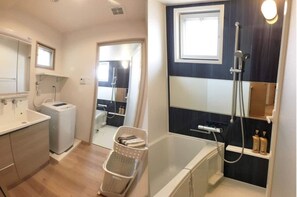 Hair dryer, towels, soap, shampoo