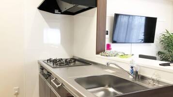 Fridge, microwave, stovetop, electric kettle