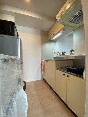 Geladeira, micro-ondas, cooktop, talheres/pratos/utensílios de cozinha