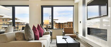 TV, fireplace, video games, foosball