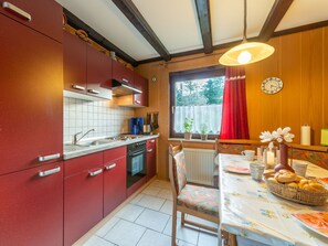 Fridge, microwave, oven, cookware/dishes/utensils