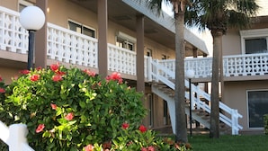 A multi-story hotel with balconies, palm trees, and a well-maintained garden with red flowers.