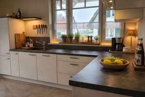 Fridge, microwave, oven, dishwasher - E8 Thatched roof vacation home with sauna Ostseebad Rerik - E8: 4-room thatched roof house (Rerik)