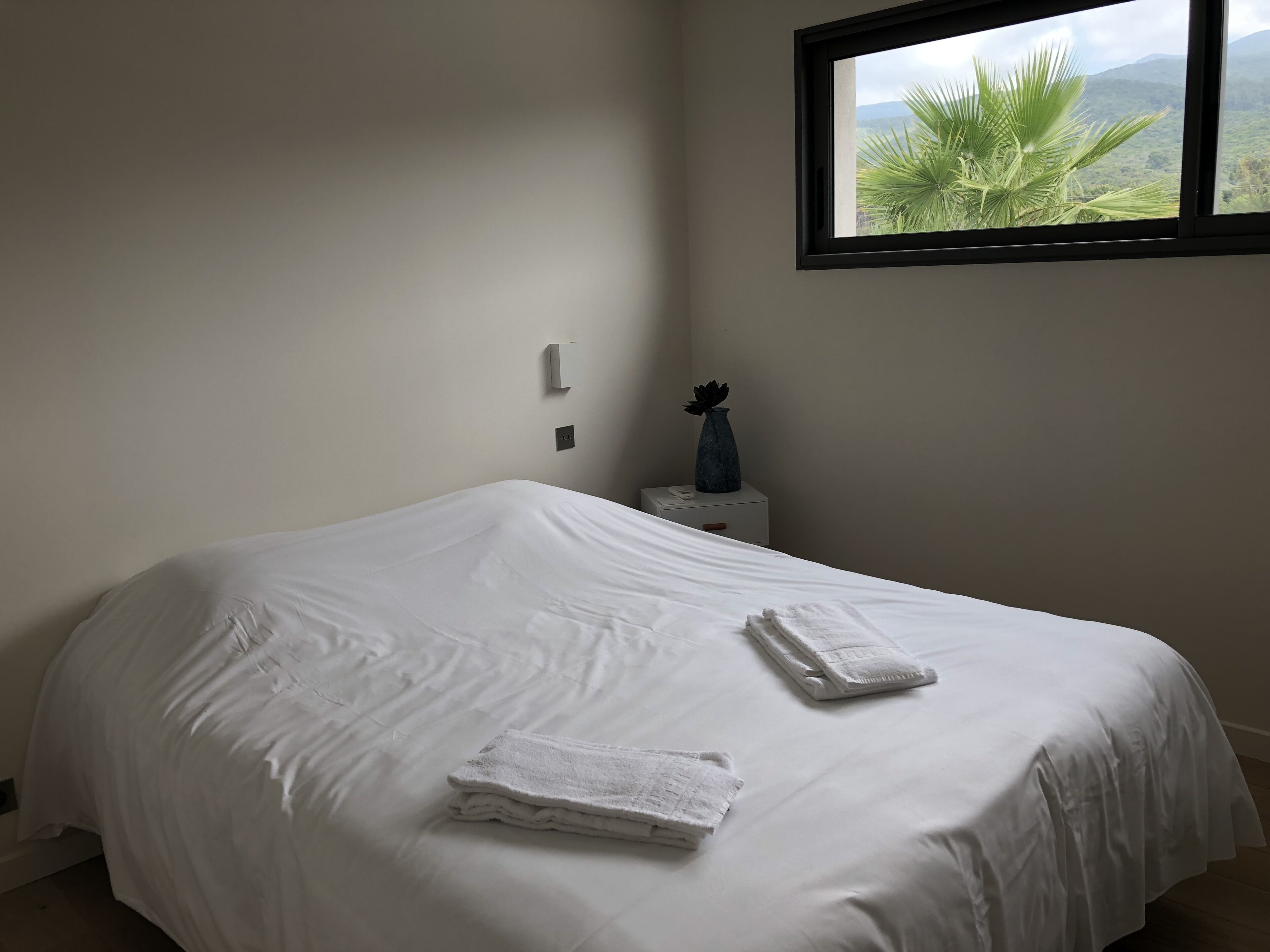 Een hotelkamer met een bed, een nachtkastje, een raam met uitzicht op groen en bergen, en een vaas op het nachtkastje.
