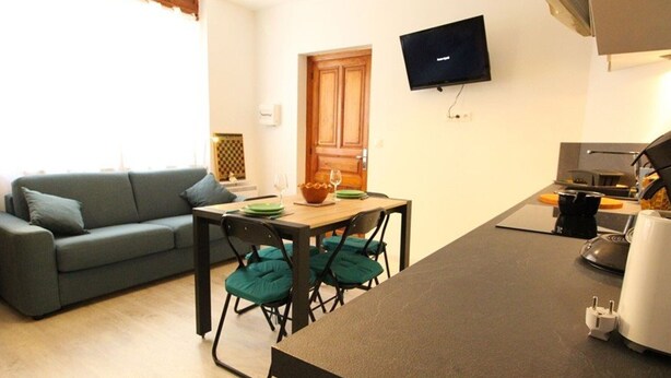 A compact living space with a sofa, dining table, chairs, a TV, and a kitchenette.