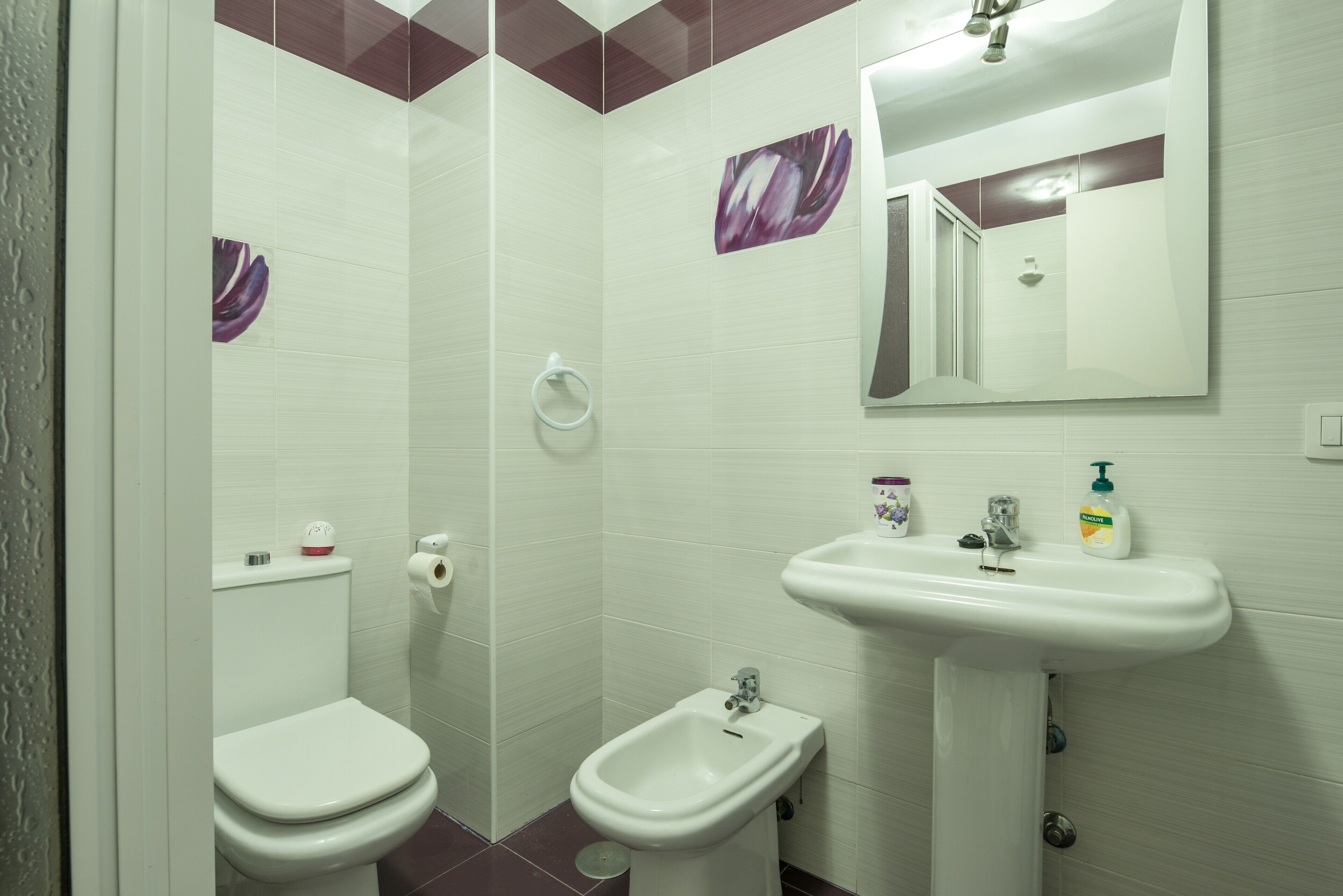 Een badkamer met toilet, bidet, wastafel en spiegel.