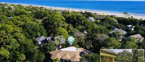 A coastal residential area with a large pool and a view of the ocean.
