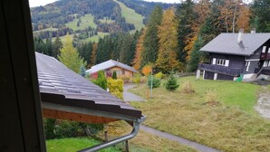 A view from a window overlooking a rural landscape with houses, a path, and a hilly background. - Appartement Individuel (Châtel-Saint-Denis)