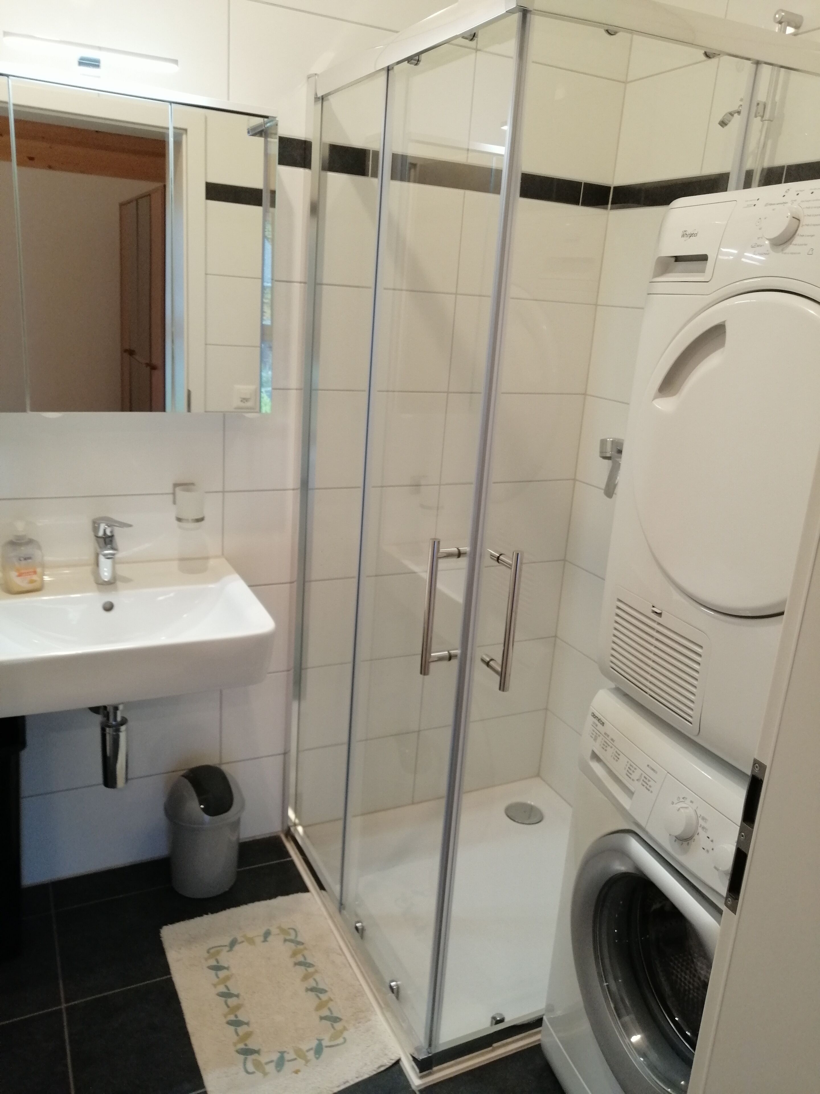 A modern bathroom with a glass shower enclosure, a built-in sink, a washing machine, and a trash bin.