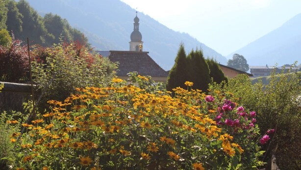 Eine Berglandschaft mit einer Kirche und blühenden Blumen.