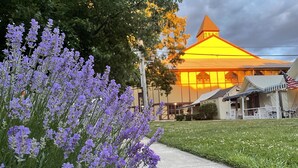 Un bâtiment doté d’un toit jaune et d’une tour triangulaire, entouré d’une zone verdoyante parsemée de fleurs violettes.