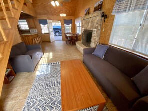 Smart TV, fireplace, books