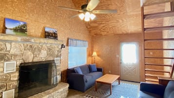 Smart TV, chimenea y libros