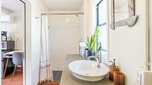 A modern bathroom with a shower, sink, and a potted plant.