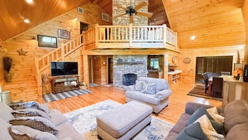Smart TV, fireplace, books